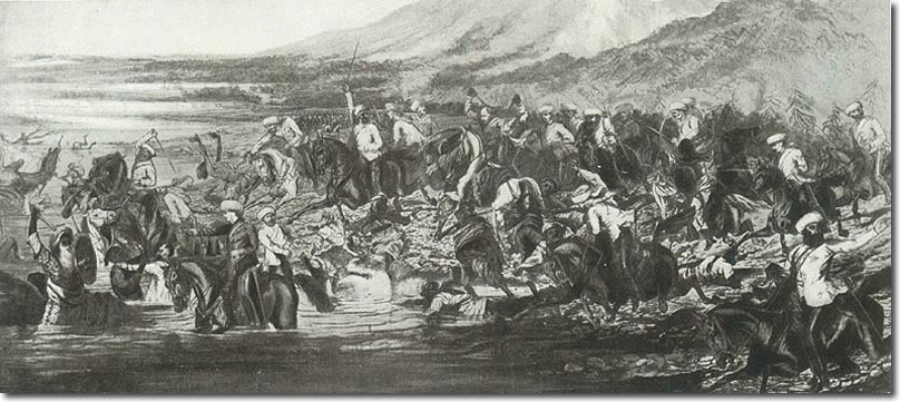 This contemporary drawing by Lieut-General H Hope Crealock depicts the actions of the 3rd and 4th squadrons of the 7th Hussars on 29th Dec 1858 when they ill-advisedly charged into the River Raptee to catch and kill the rebels they had pursued over such a distance. On the left of the picture is Lieut Stewart firing his pistol at a large sowar who lifts his talwar over his head. Behind them is Captain Sisted about to be pushed under the water by his rearing horse. Lieut-Colonel Sir William Russell is in the lower right-hand corner with his hand raised shouting "Steady, men, steady!"