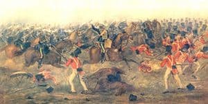 The 8th Hussars are depicted as wearing their dress uniforms with white caps and neck protectors. M A Hayes has opted to show the regiment like this despite the fact that the battle was fought in the Indian midsummer.