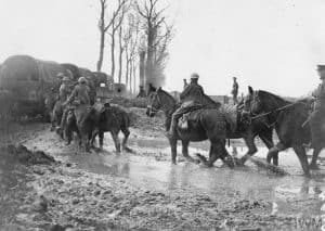 British transport and cavalry at a point where the British and French lines met. Copyright: © IWM. (Q 79008)