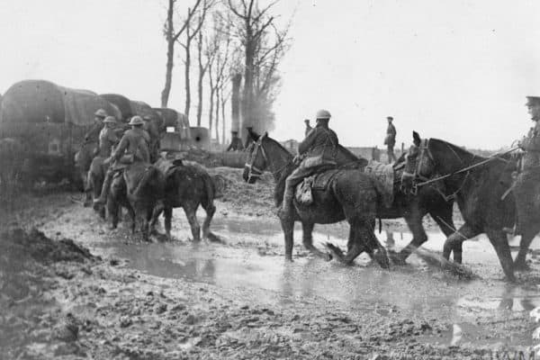 British transport and cavalry at a point where the British and French lines met. Copyright: © IWM. (Q 79008)